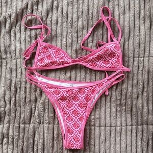 SHEIN Pink and White Patterned Bikini Set
